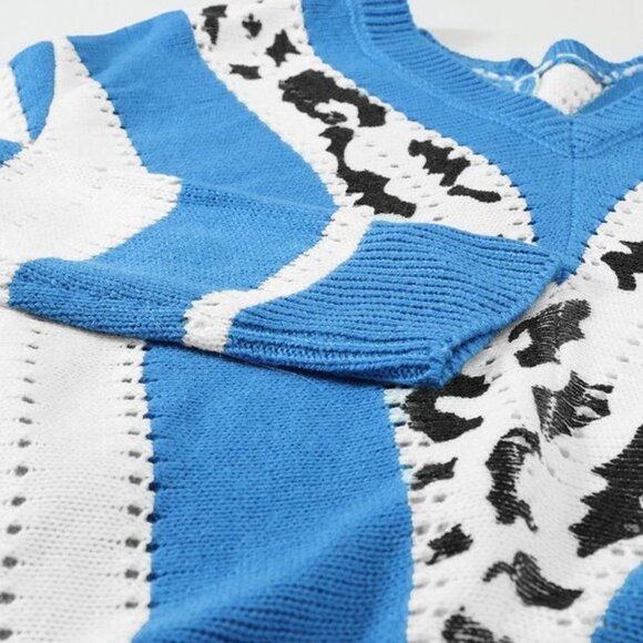 NWT SHEILAY Women's V Neck Sweater Long Sleeve Striped Color Block Knitted Pullo - Picture 6 of 10